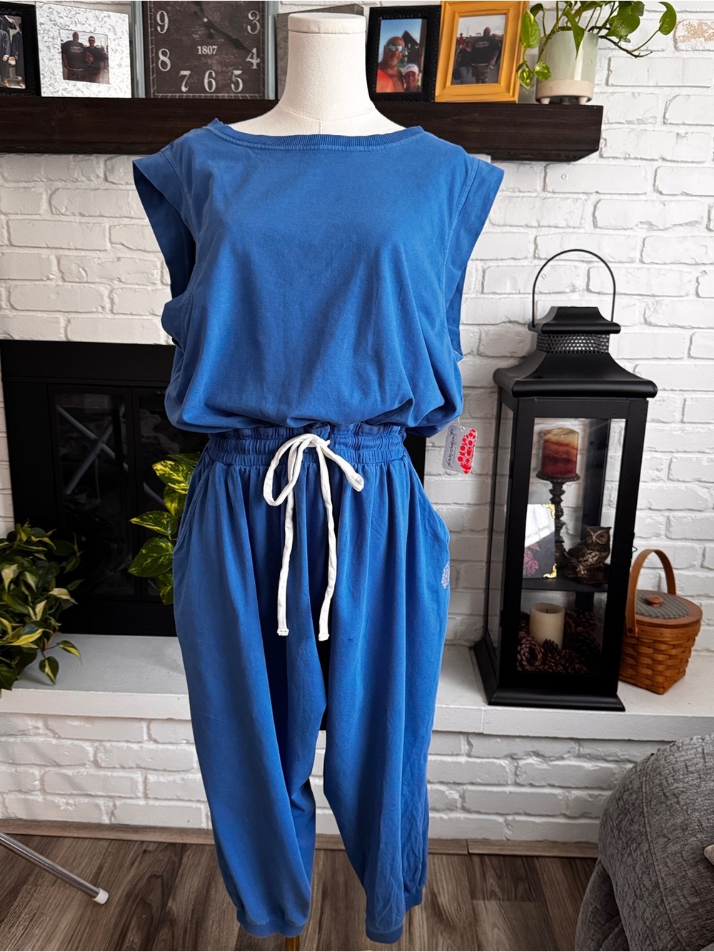 Free People Blue Drawstring Track Jumpsuit